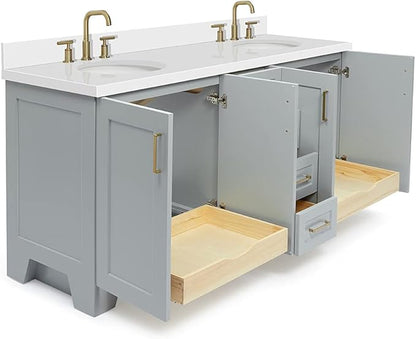 ARIEL Taylor 72-inch Bathroom Vanity with Sink,Solid Wood, 1.5-inch Pure White Quartz Countertop & Backsplash, Double Oval Porcelain Sink, 4 Soft Closing Doors, 6 Dovetail Drawers, Grey