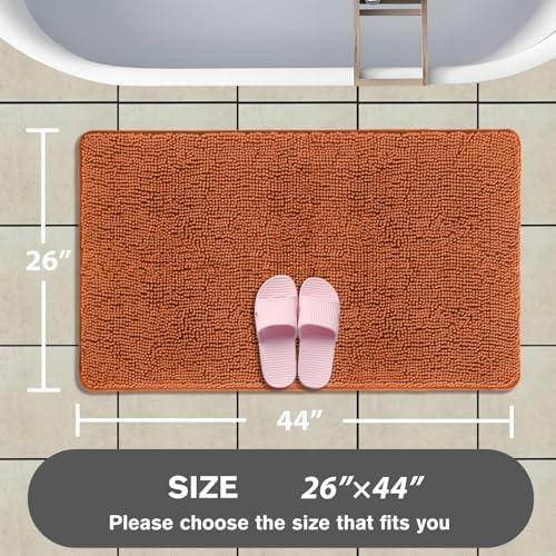 Burnt Orange Bathroom Rugs – Absorbent and Washable Bath Mat, Non-Slip, Thick Soft Chenille Bath Rugs for Bathroom Floor, Shower, Sink - 26" x 44"