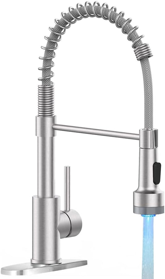 OWOFAN LED Light Kitchen Faucet with Pull Down Sprayer Sus304 Stainless Steel Industrial Single Handle Faucet for Farmhouse Camper Laundry Utility Rv Wet Bar Sinks Brushed Nickel 9005SN
