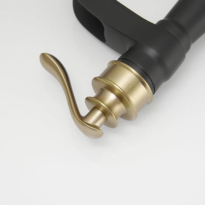 Waterfall Bathroom Sink Faucet Brushed Gold with Black | Single-Handle Single Hole, Deck Mounted, Includes Pop Up Drain with Overflow and Supply Lines Hose, Modern Farmhouse Decor