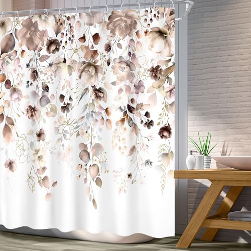 Brown Floral Autumn Fall Tan Watercolor Bathroom Shower Curtain Set