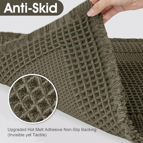Upgraded Waffle Bath Mat, 36"x24" Greyish Green-Looped, Super Absorbent Non-Slip Quick Dry Bathroom Rugs with Tassels, Machine Washable Ultra Soft Boho Bath Rugs, Toilet Mats Boho Farmhouse Decor