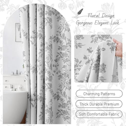 Grey Floral Shower Curtain,Vintage Cotton Cottagecore Gray Shower Curtains for Bathroom, 72" W x 72" L