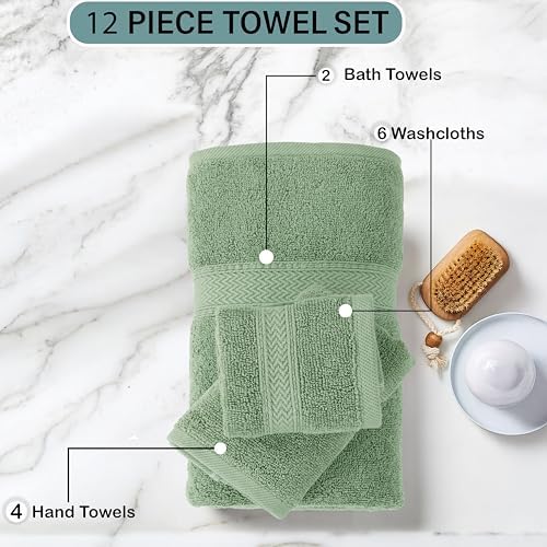 HILLFAIR Premium 100% Combed Cotton 12 Piece Bath Towels Set - Sage