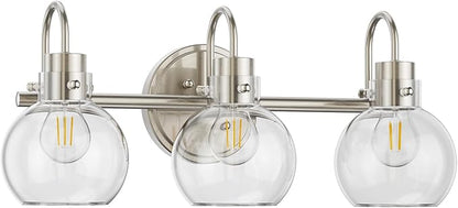 3 Lights Vanity Light, Brushed Nickel Bathroom Light Fixtures, Farmhouse Wall Sconces with Globe Clear Glass Shade, Porch Wall Mount Lamp for Mirror, Kitchen, Porch, Living Room, Workshop (E26 Base)