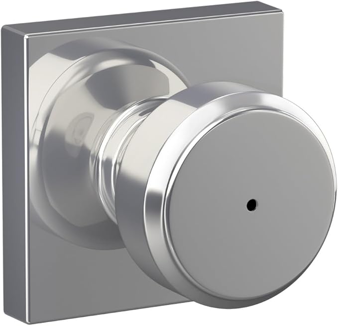 Schlage F40 BWE 625 COL Bowery Knob with Collins Trim Bed & Bath Privacy Door Lock, Bright Chrome