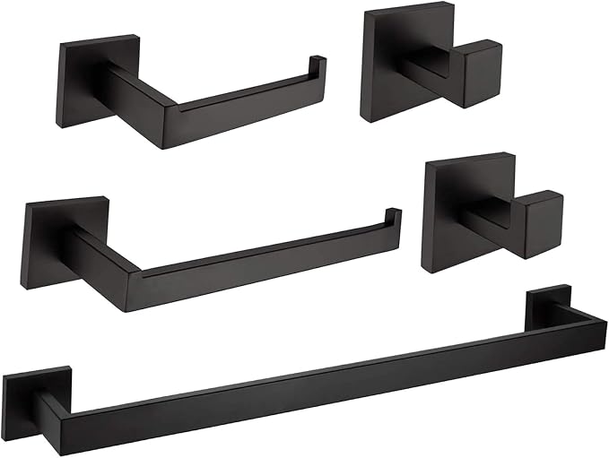 Rustproof 5-Piece Black Bathroom Hardware Set Including 24inch Towel Bar Toilet Paper Holder Towel Holder Robe Hook SUS304 Stainless Steel Wall Mount Contemporary Square Style Accessory,Matte Black
