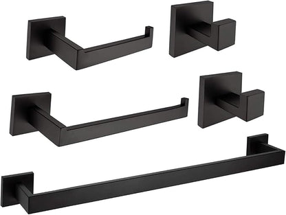 Rustproof 5-Piece Black Bathroom Hardware Set Including 24inch Towel Bar Toilet Paper Holder Towel Holder Robe Hook SUS304 Stainless Steel Wall Mount Contemporary Square Style Accessory,Matte Black