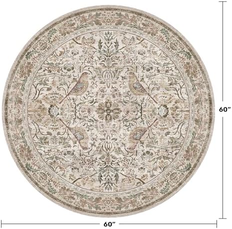 Washable 5ft Area Round Rug for Living Room - Vintage Floral & Bird Circular Rug for Kids Bedroom, Dining Room, Home Office, Boho Low Pile Non Slip, Moss Green & Olive Indoor Aesthetic Décor