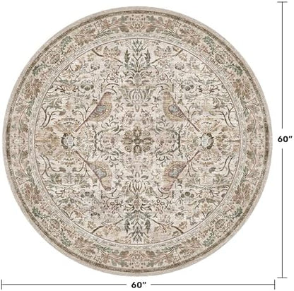 Washable 5ft Area Round Rug for Living Room - Vintage Floral & Bird Circular Rug for Kids Bedroom, Dining Room, Home Office, Boho Low Pile Non Slip, Moss Green & Olive Indoor Aesthetic Décor