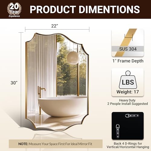 ANDY STAR Brushed Gold Vanity Mirror, 22x30 Inch Scalloped Bathroom Mirror