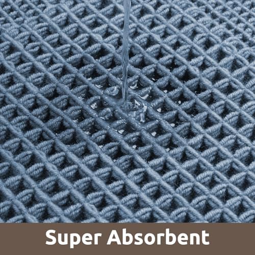 AMOAMI Waffle Bath-Mat, Absorbent Bath Mats for Bathroom Non Slip, Machine Washable Bathroom Rugs with Tassels Ultra Soft Boho Bath Rugs for Floor 24"x36" Blue