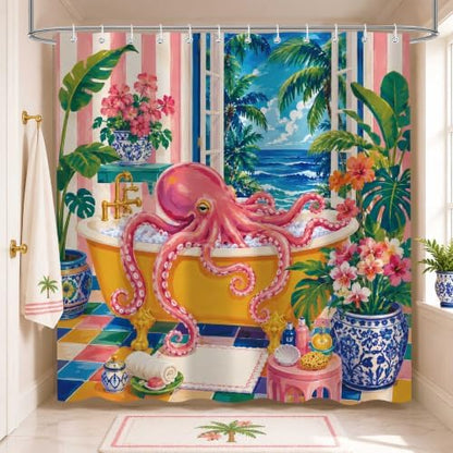 Tropical Octopus Shower Curtain, Ocean Bathroom Decor, 72 x 72