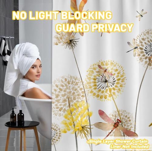 Yellow Dandelion Shower Curtain Spring Dragonfly Tan White Watercolor Shower Curtains for Bathroom Decor, Waterproof Cloth Fabric with Hooks 70" Wx72 L
