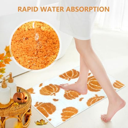 APROPHIC Fall Pumpkin Bath Mats for Bathroom, Thanksgving Super Absorbent Non-Slip Microfiber Shaggy Bath Rugs, Autumn Bathroom Mat for Shower, Tub, Sink, Decor, Machine Washable, 17x24 in, Orange
