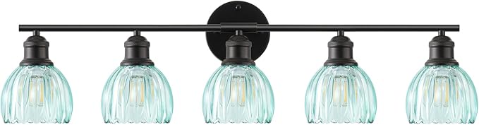 Bathroom Light Fixtures, 5-Light Brushed Black Vanity Lights for Bathroom with Blue Tulip Glass Shade, 30" Vintage Bathroom Vanity Lighting Fixtures Over Mirror for Bedroom Living Room Hallway