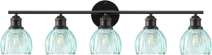 Bathroom Light Fixtures, 5-Light Brushed Black Vanity Lights for Bathroom with Blue Tulip Glass Shade, 30" Vintage Bathroom Vanity Lighting Fixtures Over Mirror for Bedroom Living Room Hallway