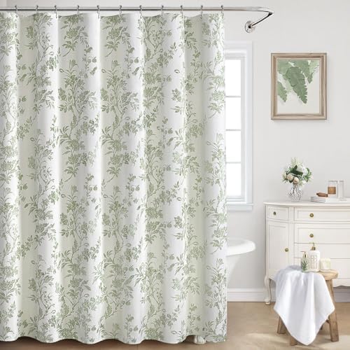 Sage Green Floral Shower Curtain,Vintage Cotton Cottagecore Shower Curtains for Bathroom, 72" W x 72" L