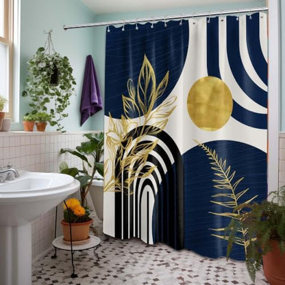 Navy Blue and Gold Extra Long Shower Curtain, Tall 72X96 in, Mid Century
