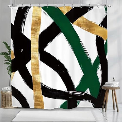 Abstract Emerald Green Black Gold Shower Curtain 72Wx72L Inch Modern Minimalist Contemporary Geometric Line Bathroom Set Accessories Decor with 12 Pack Hooks