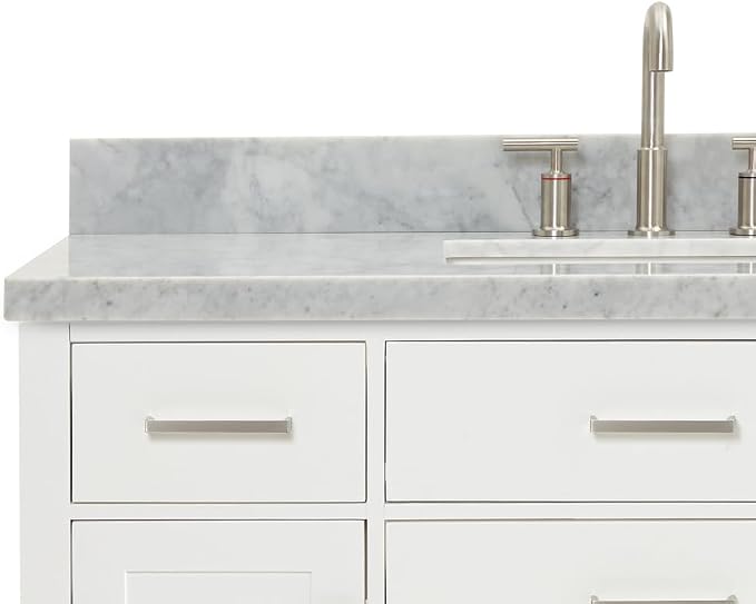 Alenza 48" White Bathroom Vanity with Sink, 1.5" Edge Italian Carrara Marble Countertop, Rectangular Undermount Sink, 2 Soft Closing Doors, 5 Dovetail Drawers