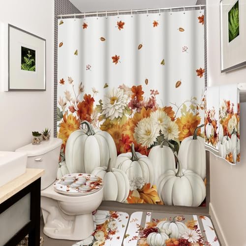 Honoson 8 Pcs Fall Bathroom Shower Curtain Set with Rugs and Towls