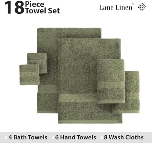 LANE LINEN Large Bath Towel Set Absorbent Quick Dry 100% Cotton - Oil Green