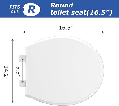 Round Toilet Seat, Standard 16.5” Slow/Soft Close Round Toilet Seat for Round Toilets, No-Slam Quiet-Close Lid, Easy-to-Install, White, Durable Never-Loosen Design