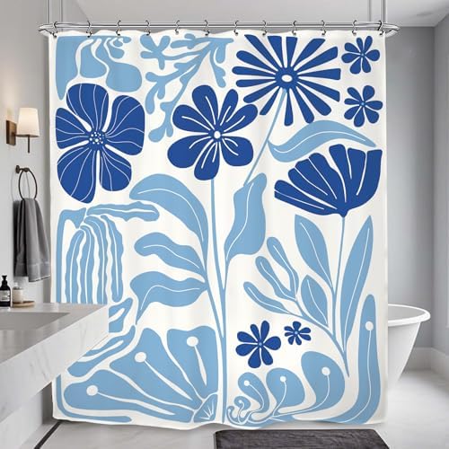 Abstract Blue Matisse Flower Shower Curtain 60Wx72L Inch Retro Vintage Aesthetic Minimalist Cute Art 70s Trendy Modern Bathroom Set Accessories Decor with 12 Pack Hooks