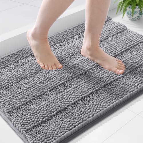 Grandaily Chenille Striped Bathroom Rugs 36x24, Extra Thick and Soft Absorbent Bath Mats, Rubber Backing, Plush Shaggy Shower Carpet, Machine Wash Dry, Bath Rug for Bathroom, Grey