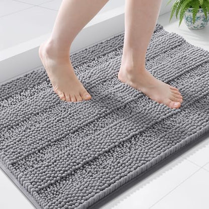 Grandaily Chenille Striped Bathroom Rugs 36x24, Extra Thick and Soft Absorbent Bath Mats, Rubber Backing, Plush Shaggy Shower Carpet, Machine Wash Dry, Bath Rug for Bathroom, Grey