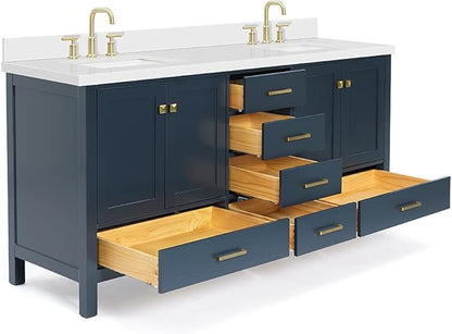 DKB Beckford 72 Inch Bathroom Vanity Double Sink — Midnight Blue Bathroom Vanity with Sink, 1.5" Edge Pure White Quartz Countertop & Backsplash, 4 Soft-Close Doors, 6 Dovetail Drawers
