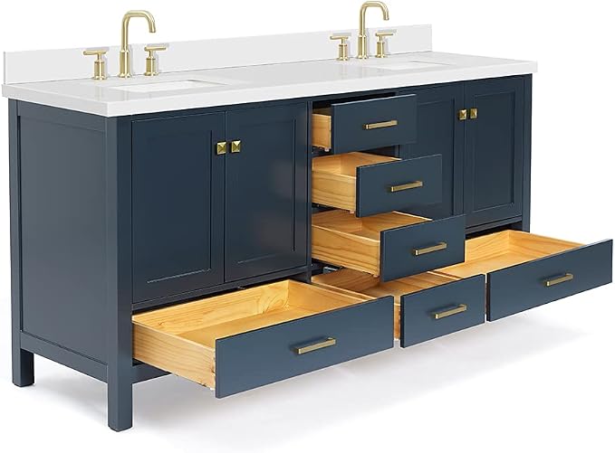 ARIEL Cambridge 72-inch Bathroom Vanity with Sink,Solid Wood, 1.5-inch Pure White Quartz Countertop, Double Rectangular Porcelain Sink, 4 Soft Closing Doors, 6 Dovetail Drawers, Midnight Blue