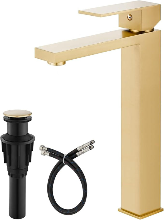 Gold faucet set with drain and hose on a white background