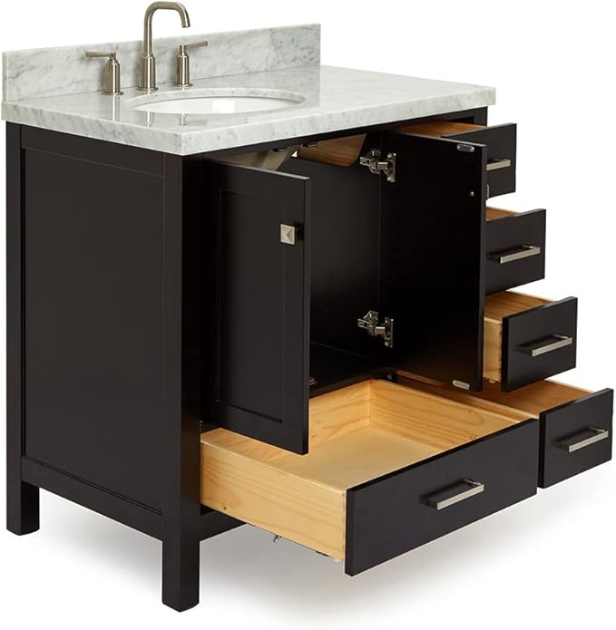 ARIEL Cambridge 36-inch Bathroom Vanity with Sink,Solid Wood, 1.5-inch Italian Carrara Marble Countertop & Backsplash, Single Oval Porcelain Sink, 2 Soft Closing Doors, 5 Dovetail Drawers, Espresso