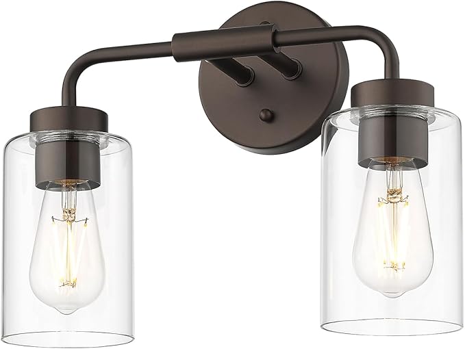 zeyu 2-Light Bronze Vanity Light for Bathroom, Clear Glass, ZS62B-2W ORB | Farmhouse Bathroom Wall Sconce, Clear Glass Shades, Oil Rubbed Bronze, 2-Light Design, Hardwired, Up/Down Mount, ETL Listed