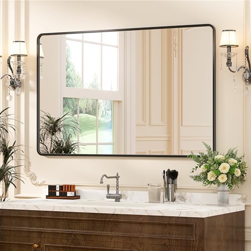 Antok 40x30 Black Metal Framed Bathroom Mirror, Wall Mirror with Round Corners, Vanity Mirror for Over Sink, Anti-Rust Tempered Glass, Horizontal/Vertical Hanging for Bathroom, Living Room, Entryway