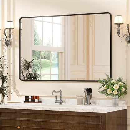 Antok 40x30 Black Metal Framed Bathroom Mirror, Wall Mirror with Round Corners, Vanity Mirror for Over Sink, Anti-Rust Tempered Glass, Horizontal/Vertical Hanging for Bathroom, Living Room, Entryway