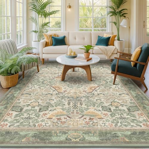 Hazo Haus Washable Living Room Rug 6x9 - Sage Floral Nature Area Rugs for Bedroom, Dining Room Kitchen Table Rug for Under Table, Office, Stain Resistant Non-Slip - Sage Green