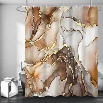 Brown Marble Shower Curtain, Modern Abstract Luxury Brown Gold Ink Texture Watercolor Art Bathroom Curtains Ombre Machine Washable Waterproof Fabric Bathtub Curtain Set with Hooks 66" Wx72 L