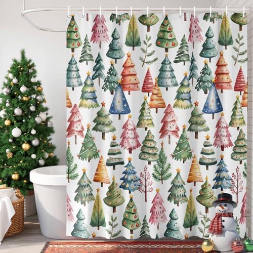 Christmas Tree Shower Curtain Bathroom Set Star Xmas Pine Trees Waterproof Shower Curtains with Grommets Hooks Colorful Cartoon Style Privacy Bath Curtain for Bathtub Decor 60x72in