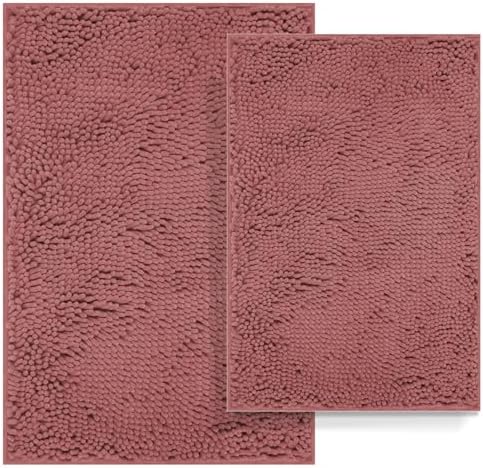 RUN HELIX Bathroom Rugs Sets 2 Piece Thick Absorbent Chenille Bath Rug Set Non Slip, Soft Shaggy Bath Room Floor Mats for Bathroom, Machine Washable, Misty Rose