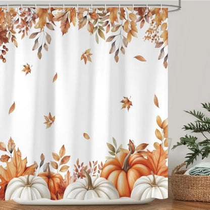 Fall Pumpkins Shower Curtain, Autumn Maple Leaf Leaves Harvest Thanksgiving Farmhouse Bathr Curtains Set,Waterproof Fabric Bathroom Curtains Decor 60X72IN