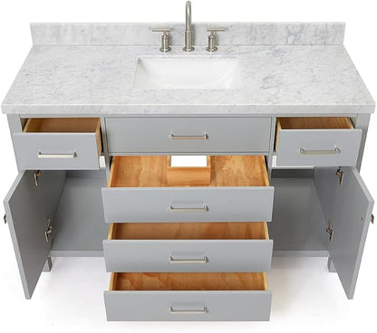 Alenza 54" Grey Bathroom Vanity with Sink, 1.5" Italian Carrara Marble Countertop, Rectangular Undermount Sink, 2 Soft Closing Doors, 5 Dovetail Drawers