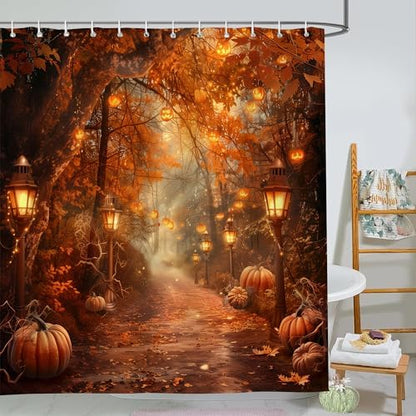 Fall Pumpkins Shower Curtain，Autumn Thanksgiving Harvest Halloween Forest Rural Trail Bathroom Decor，72 x 72 Inch Polyester Fabric Waterproof Bathroom Curtain with 12 Hooks