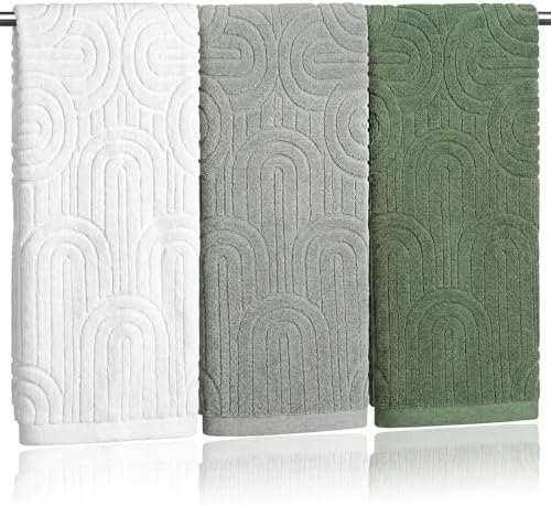 Tiamon 3 Pcs Bathroom Towel Decorative Set 100% Cotton Fluffy Bath Hand Towels for Guest Gifts Farmhouse Kitchen Hand Towels Home(White, Light Green, Dark Green,30 x 13 Inch,Arched Stripe)