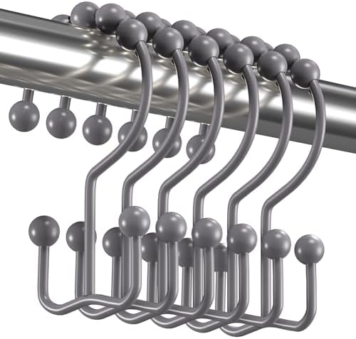 Titanker Shower Curtain Hooks Rings, Rust-Resistant Metal Double Glide Shower Hooks for Bathroom Shower Rods Curtains, Set of 12 Hooks - Neutral Gray