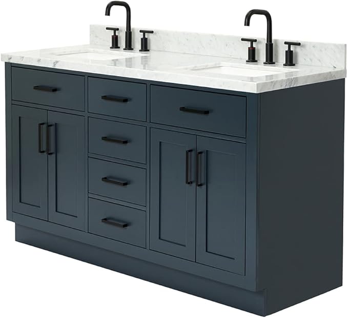 ARIEL Hepburn 60-inch Bathroom Vanity with Sink,Solid Wood, 1.5-inch Italian Carrara Marble Countertop, Double Rectangular Porcelain Sink, 4 Soft Closing Doors, 6 Dovetail Drawers, Midnight Blue