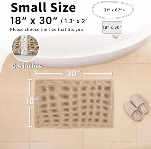 Waffle Bath Mat, Boho Bathroom Rug Non Slip Washable, 18 x 30, Khaki