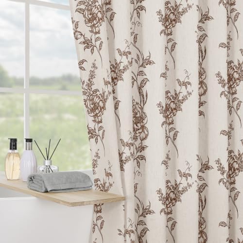 Brown Linen Farmhouse Shower Curtain, Boho Floral Bathroom 72x78